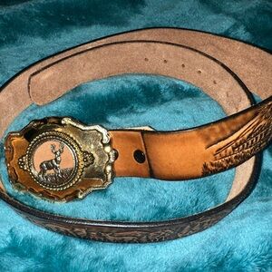 Vintage Brown Leather Belt with Buckle- outdoor print on belt Made in the USA
